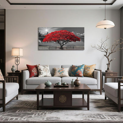 Black and White Red Tree Wall Art Canvas Print Picture Large Red Tree Landscape Modern Artwork for Living Room Bedroom Office Home Wall Decoration Decor With Frame 20x40in