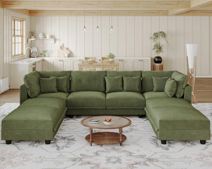 LLappuil Modular Sectional Sofa with Storage Seats, Corduroy Convertible Modular U Shaped Sectional Couch for Living Room, 8 Seat Oversized Sofa with 6 Back Cushion 6 Throw Pillow, Green
