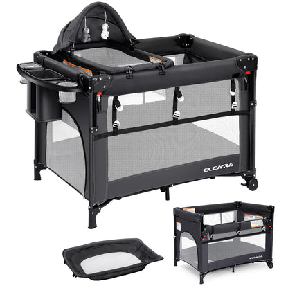 ELEMARA 5 in 1 Pack and Play, Adjustable Baby Bedside Bassinet Sleeper,1-Second Setup Foldable Playard from Newborn to Toddles,Bedside Crib with Changing Table,Portable Travel Bassinet,Ziper Door,Gray