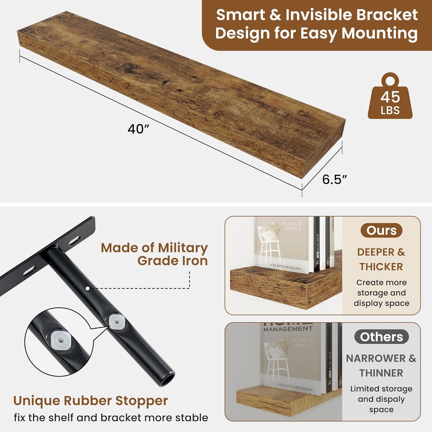 fuqing Floating Shelves for Wall, Bathroom Shelf Wall Mounted for Storage, Shelves with Invisible Bracket for Bedroom, Kitchen, Living Room, Farmhouse Small Book Shelf, 40 Inch Set of 2, Rustic Brown