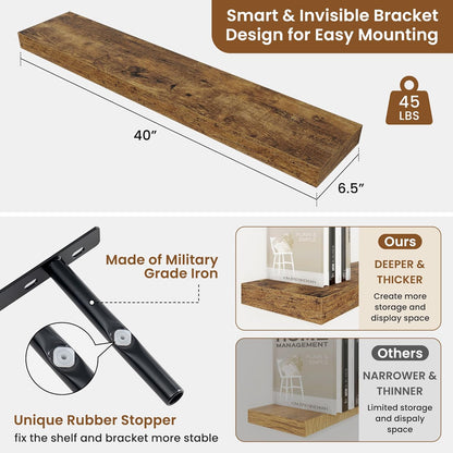 fuqing Floating Shelves for Wall, Bathroom Shelf Wall Mounted for Storage, Shelves with Invisible Bracket for Bedroom, Kitchen, Living Room, Farmhouse Small Book Shelf, 40 Inch Set of 2, Rustic Brown