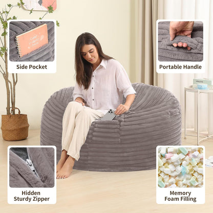 4FT Memory Foam Bean Bag Chair for Adults/Teens, Bean Bag Sofa with Fluffy Removable Cover, for Living Room Bedroom, Grey