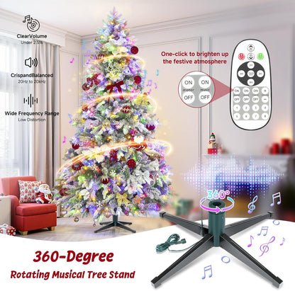 9ft Pre-lit Artificial Christmas Tree with Remote, Snow Flocked Xmas Trees Rotating & Foldable Stand, RGB & Warm White Light for Home Decor