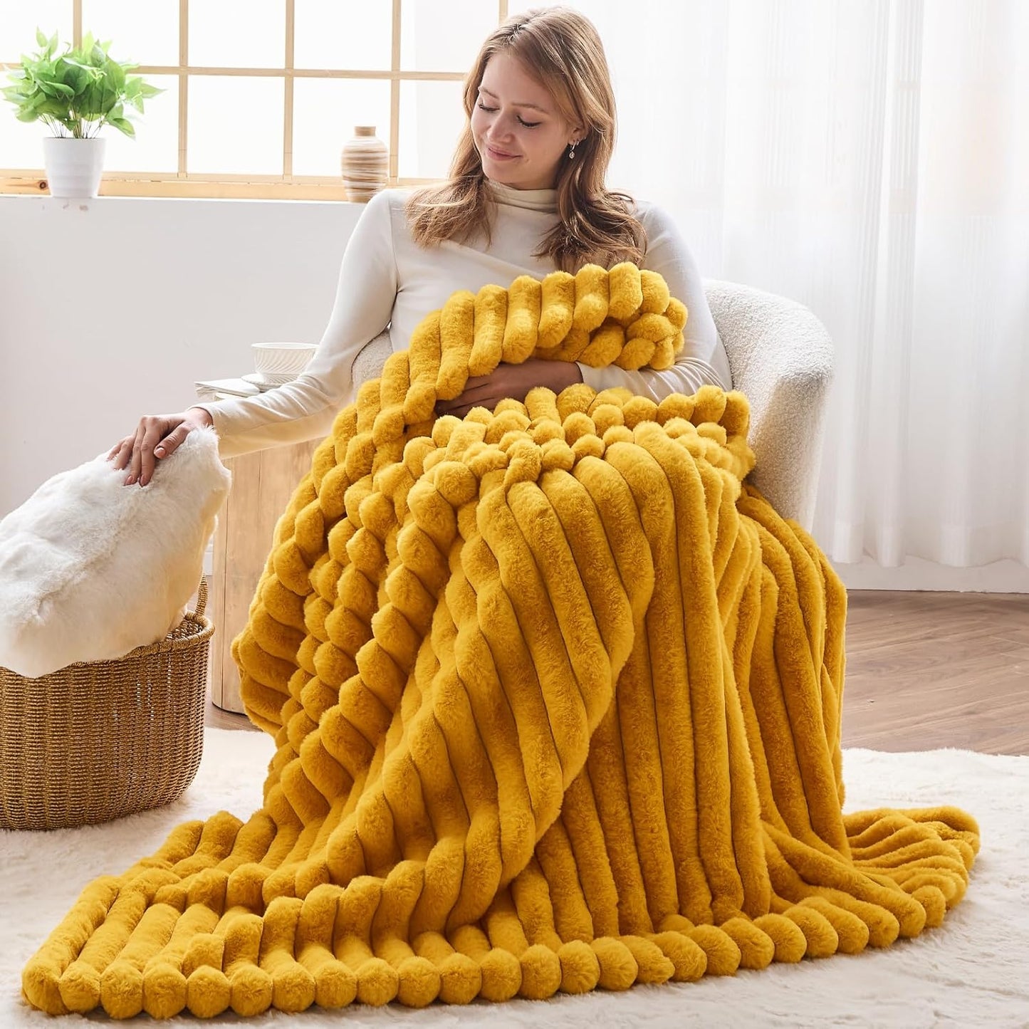 NEWCOSPLAY Faux Fur Twin Blanket Mustard Yellow 3D Ribbed Plush Thick Warm Blanket for Couch Sofa Bed 850GSM (Mustard Yellow Ribbed, Twin(60"x80"))