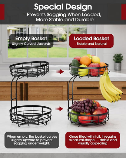 Fruit Basket for Kitchen Counter - 2-Tier Large Capacity Fruit Bowl with Detachable Banana Hanger, Rust-Proof Metal Fruit Holder for Vegetables, Bread, Toiletry,10" D x 10" W x 14" H, Black