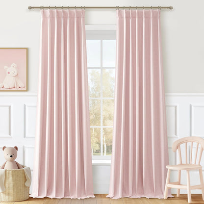 Baby Pink Blackout 102 Inch Long Curtains for Living Room, Farmhouse Textured Linen Pinch Pleat Thermal Insulated Boho Curtain 2 Panels Set for Sliding Glass Door 40 x 102 Length Window Drapes Burg