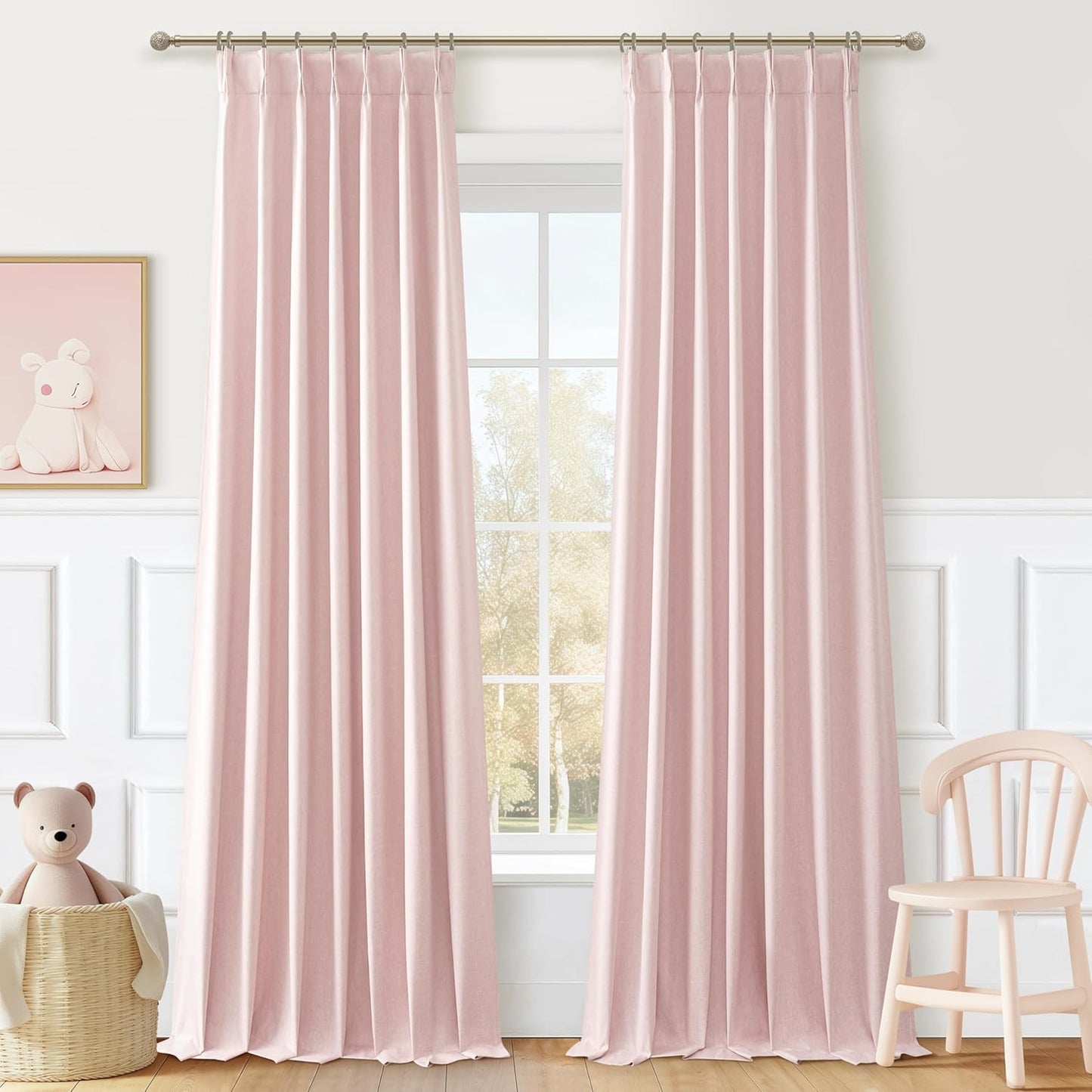 Pinch Pleated Heavy Flax Linen Baby Pink Curtains 90 Inches Long for Bedroom 2 Panels Set, Elegant Blackout Insulated Window Curtain with Hooks Rings for Nursery / Office Room Darkening Viral Drapes