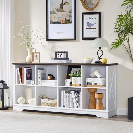 Farmhouse 8 Cube Bookshelf, White Storage Organizer Bookcase, Kids Toy Storage Cabinet, Long Bookshelves Storage Organizer Shelf, Wood Display Cabinet Book Shelves for Bedroom,Living Room,Office