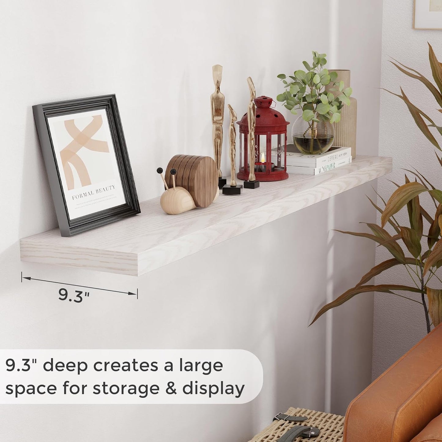 Floating Shelves 55 Inch Long, 55"W x 9"D Wall Shelf Invisible Bracket, 9 Inch Deep Floating Shelf for Wall, Rustic Wooden Shelves for Living Room, Kitchem, Bedroom, Brich Color, Set of 1