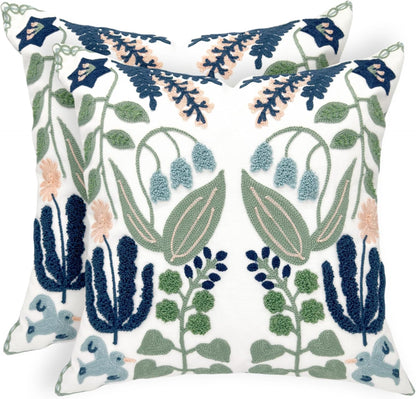 Alysheer Summer Floral Embroidered Decorative Throw Pillow Covers 18"x 18" Set of 2, Farmhouse Navy Blue Flowers Green Leaves Tufted Patterned Cotton Cushion Cases for Couch Bed Living Room Decor