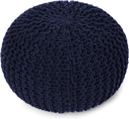 REDEARTH Round Pouf Foot Stool Bean Bag Ottoman - Cable Knitted Cord Boho Pouffe - Poof Accent Bean Bag - Handmade by Artisans for Living Room - Bedroom (19.5"x19.5"x14") - Navy Blue