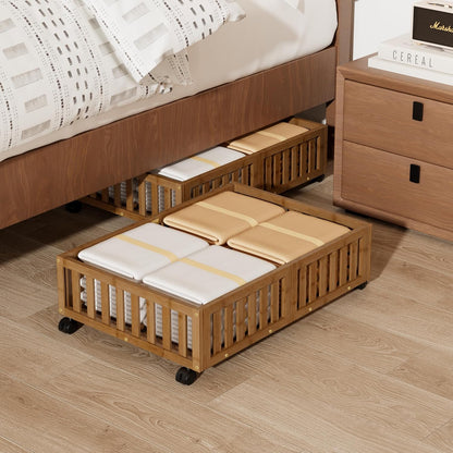 Bamboo Under Bed Storage with Wheels (2-Pack) – Rolling Underbed Shoe Organizer Box for Shoes, Blankets, Toys, Clothes Container Space-Saving Organizer Bins for Bedroom, Closet, Dorm, Nursery