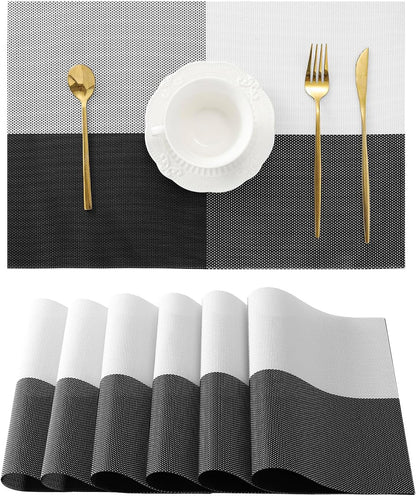 Leetaltree Gray with White Grid Pattern Placemats Set of 6 - Heat Resistant Non-Slip Place mats for Dining Table, Washable Durable PVC Vinyl Woven Table Mats（Grey Grid, 6）