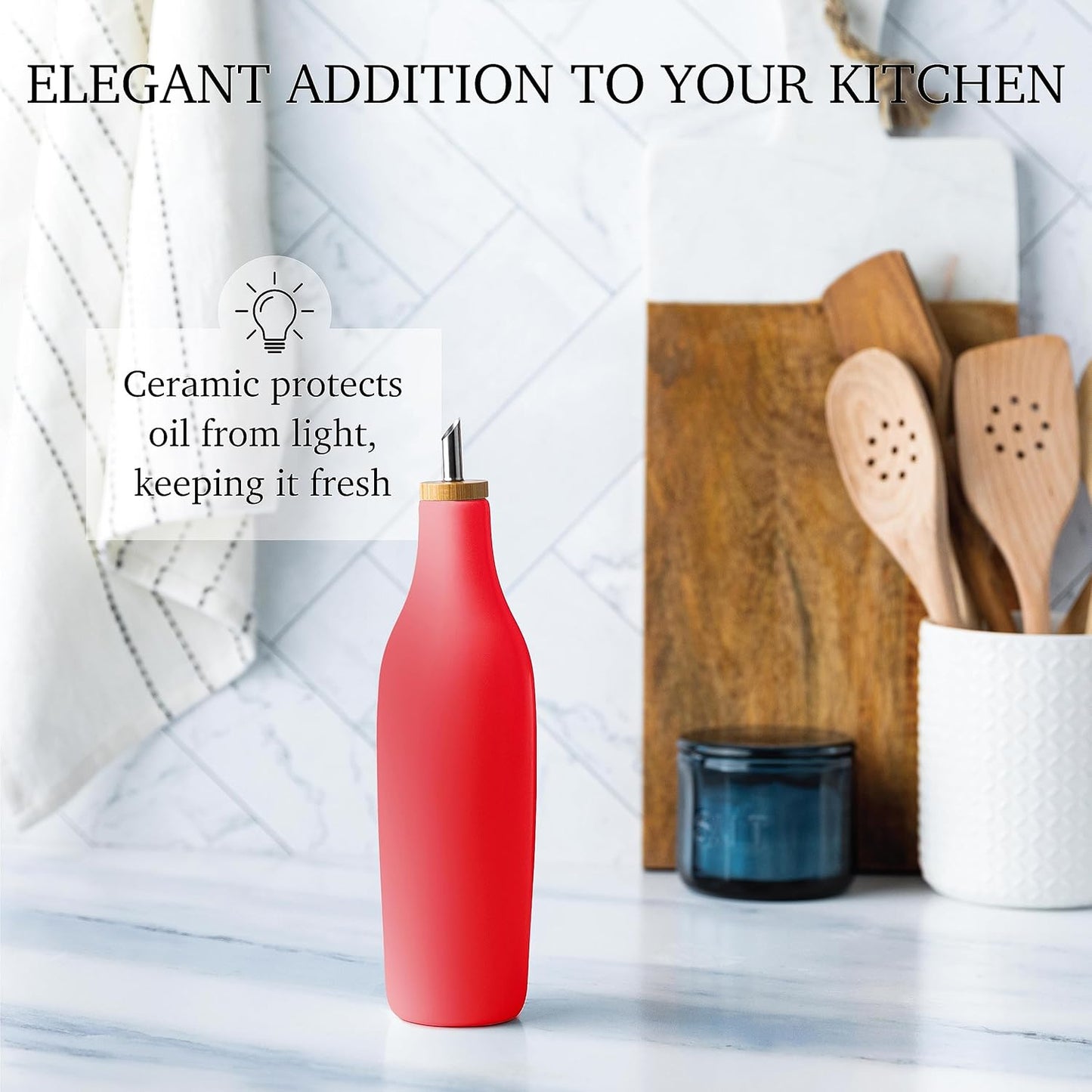 kitchentoolz Olive Oil Stoneware Dispenser Bottle, Ceramic 16 Oz Container for EVOO or Vinegar Kitchen Counter, Red