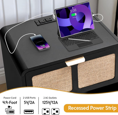 LEVNARY Nightstand Set of 2, Mid-Century Modern Bedside Table with Charging Station and Fabric-Like Textured Drawer, Wooden End Table for Farmhouse Bedroom Living Room (2, Black)