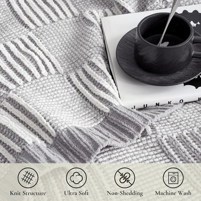Amélie Home Chenille Knit Throw Blanket for Couch, Checkered Texture Decorative Soft Blanket for Sofa, Bed & Living Room, 50"x60", Grey & White