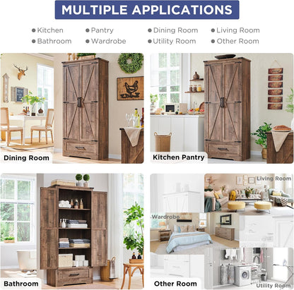Farmhouse Kitchen Pantry Cabinet - 72" Tall Wood Kitchen Storage Cabinets with Adjustable Shelves & 2 Barn Doors & Drawer, Versatile Storage for Dining Room, Bathroom, Utility Room, Light Brown