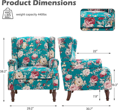 UIXE High Back Floral Accent Chairs Set of 2, Upholstered Armchair in Fabric, Retro Printed Wingback Arm Chair for Living Room, Nailhead Trim Single Sofa Bedroom Reading Seat - Peacock Blue