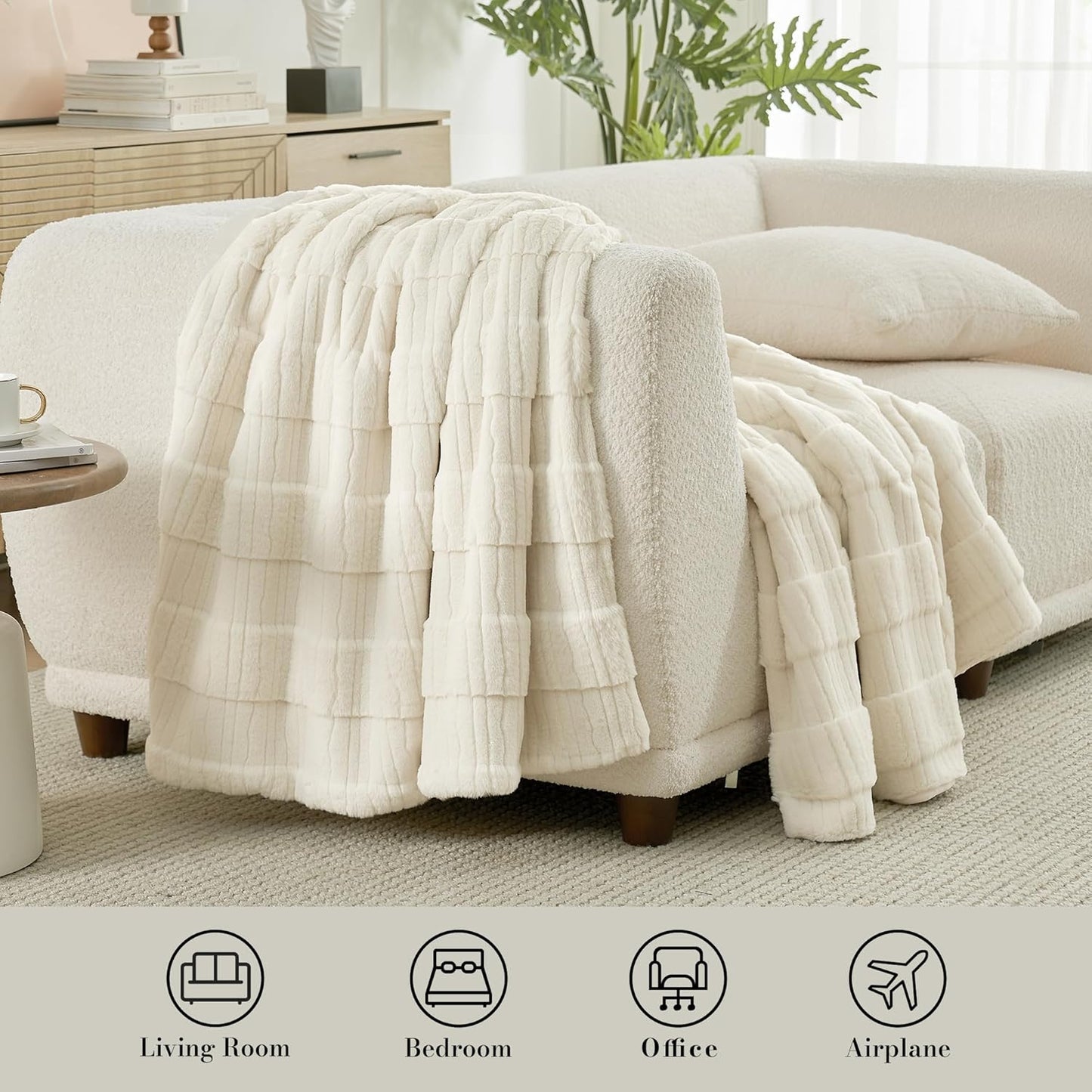 Amélie Home Luxury Striped Faux Fur Throw Blanket for Couch, Embossed Split Fur Cozy Fuzzy Fluffy Luxurious Soft Plush Sofa Chair Bed Gift Blankets for Women Men Wife Friend, 55"x70", Ivory