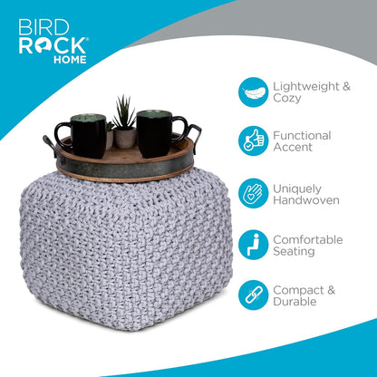 BIRDROCK HOME Square Pouf Ottoman | Cotton Braided Foot Stool with Bean Bag Filling | Boho Foot Rest for Living Room, Bedroom | Compact & Comfortable Seating, Lightweight & Sturdy | Grey
