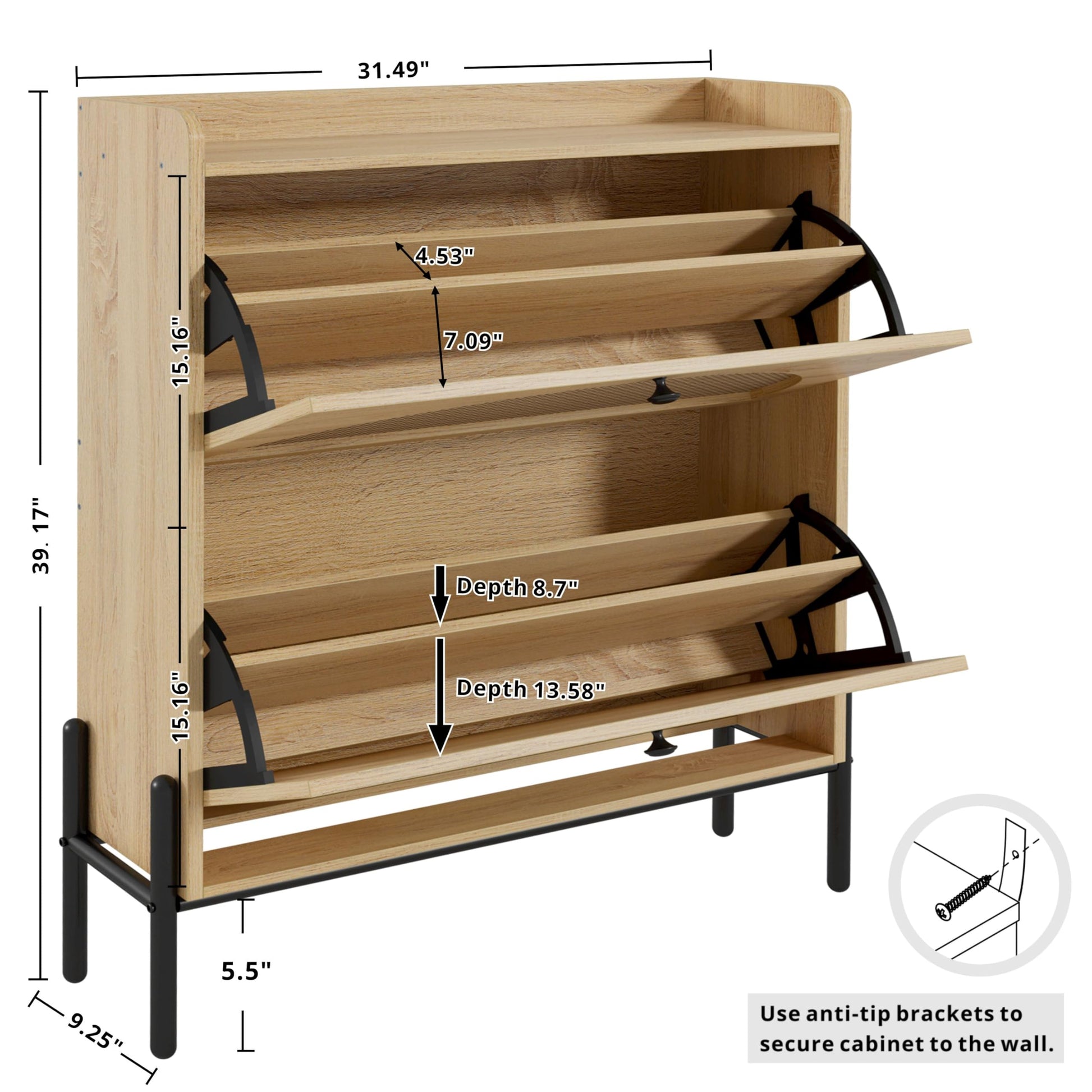 IRONCK Rattan Shoe Cabinet Storage with 2 Flip Drawers, Oak