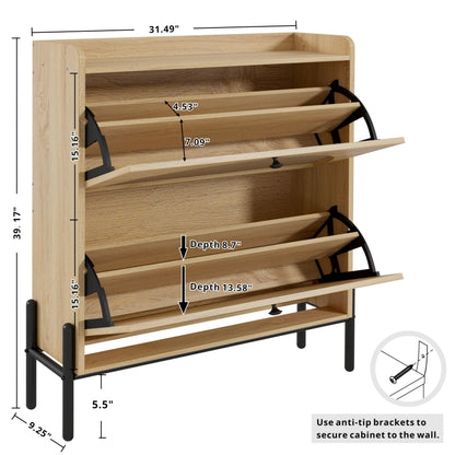 IRONCK Rattan Shoe Cabinet Storage with 2 Flip Drawers, Oak
