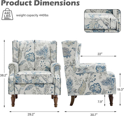 UIXE High Back Floral Accent Chairs Set of 2, Upholstered Armchair in Fabric, Retro Printed Wingback Arm Chair for Living Room, Nailhead Trim Single Sofa Bedroom Reading Seat - Plants Blue
