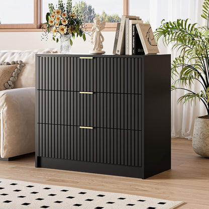 Black Fluted Dresser for Bedroom, 32 Inch Wide Nightstand with Large Drawer, 3 Drawer End Table for Bedroom, Living Rooms, Offices, and Entryways
