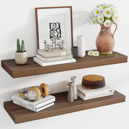 36 Inch Floating Shelves, 12 Inch Deep Floating Shelves for Wall, Floating Shelf with Invisible Brackets, Deep Shelves for Bathroom, Bedroom, Living Room, 2 Pack, Walnut