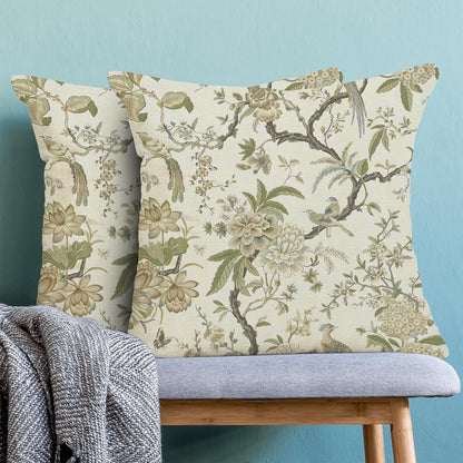 CXMEIFLY Spring Floral Birds Pillow Covers 24 x 24 Inch Set of 2 for Chinoiserie Flowers Decor Throw Pillows Sage Green Plant Outdoor Decorative Cushion Cases for Couch Bed Decorations