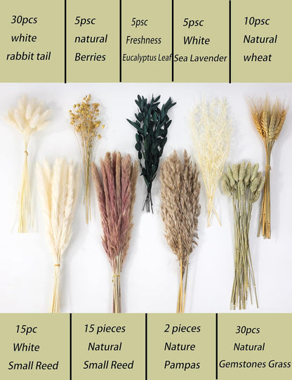 126pcs Dried Pampas Grass Decorations, Dried Flowers, Dried Bouquet in Vase, Reed Grass Bouquet for Boho Floral Wedding, Rustic Farmhouse Decor. (Vase Not Included)