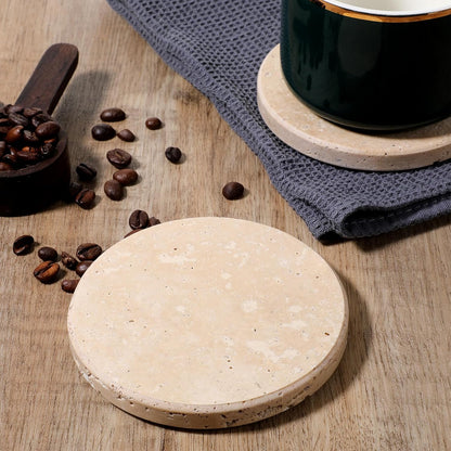 Beige Natural Travertine Marble Coasters Set of 4, Round 4 Inch Diameter Drink Marble Coasters for Housewarming Gifts, Anniversaries, Office Decorations Protect Tables from Stains & Scratches