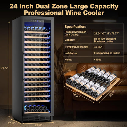 Upgraded 190 Bottles Wine Cooler Refrigerator,24 Inch Wide Wine Fridge with Professional Temperature Control System,Freestanding or Built-in installation, Quiet Operation,Black