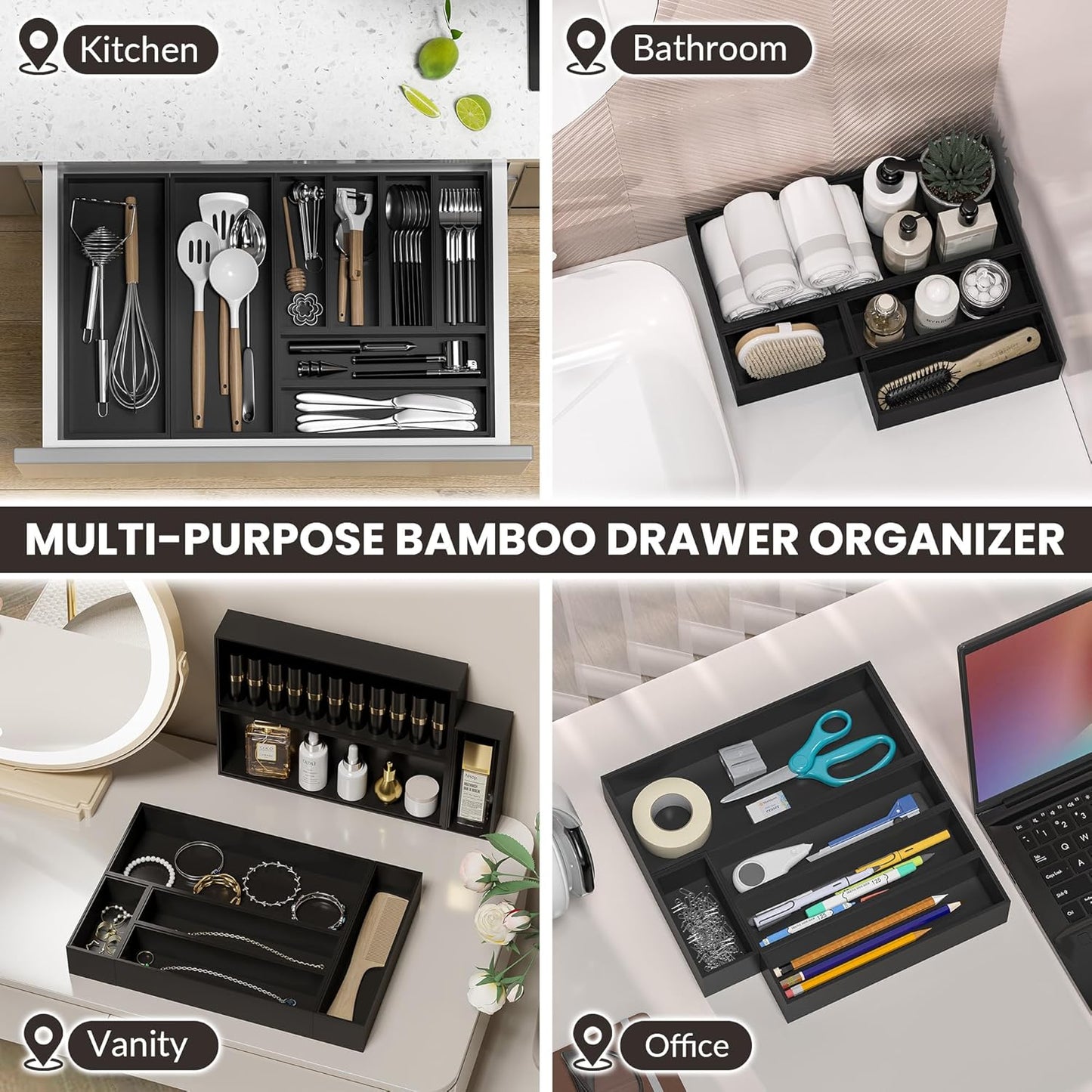 Kitchen Drawer Organizer Bins, Stackable Bamboo Drawer Organizer for Silverware, Coffee Pod Organizer K Cup Holder for Countertop, 2 Pcs Coffee Station Organizer Black 12" x 6" x 2.5"