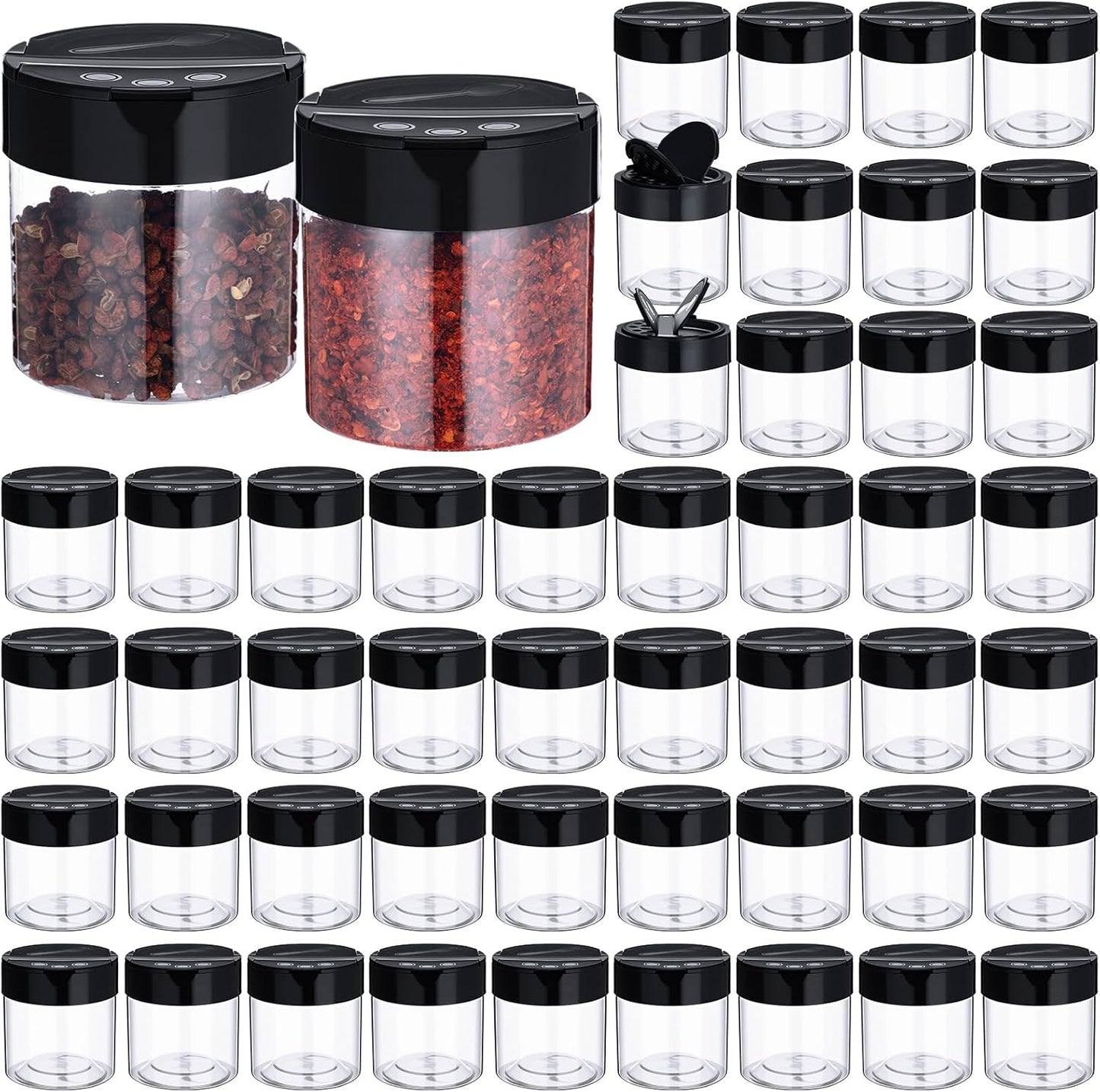 50 Pack 4.7 oz Plastic Spice Jars with Black Cap Empty Clear Plastic Spice Bottle Containers Reusable Seasoning Jars with Shaker Lids for Kitchen Storing and Dispensing Salt Powders