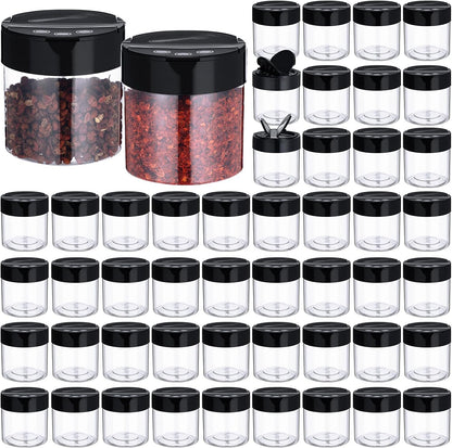 50 Pack 4.7 oz Plastic Spice Jars with Black Cap Empty Clear Plastic Spice Bottle Containers Reusable Seasoning Jars with Shaker Lids for Kitchen Storing and Dispensing Salt Powders