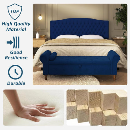Storage Ottoman Bench for Bedroom, 63" End of Bed Bench with Rolled Arms Upholstered Ottoman Bench Fit for Bedroom, Living Room, Entryway, Velvet Navy Blue