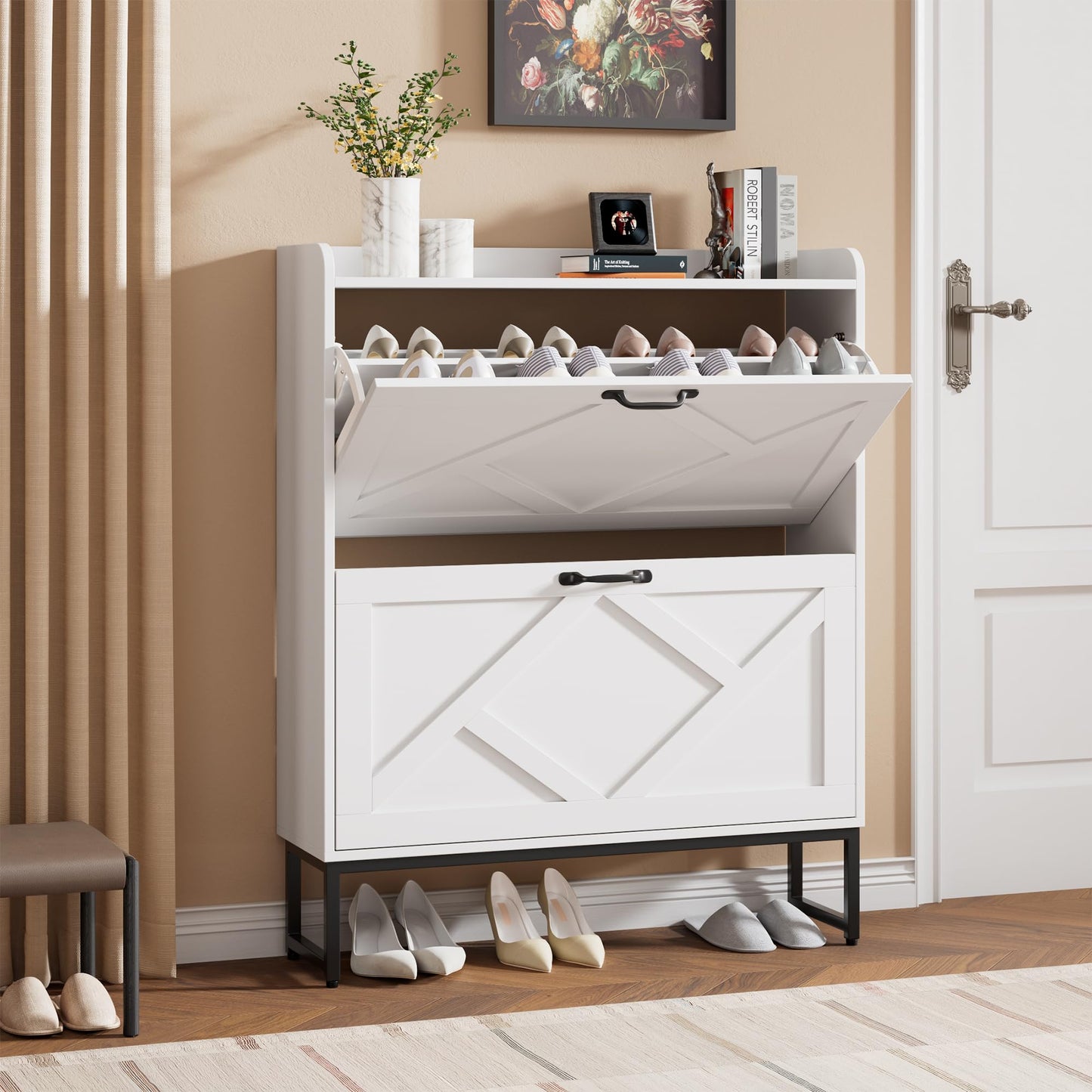 Nicetree Shoe Storage Cabinet with 2 Flip Drawers, Entryway Cabinet, White