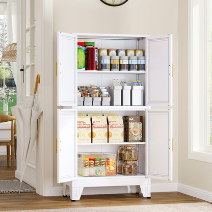 47.25" Metal Pantry Cabinet, Storage Cabinets with 4 Door and 2 Adjustable Shelves, White Bathroom Cabinet, Freestanding Cupboard for Kitchen Dining Living Room Bathroom
