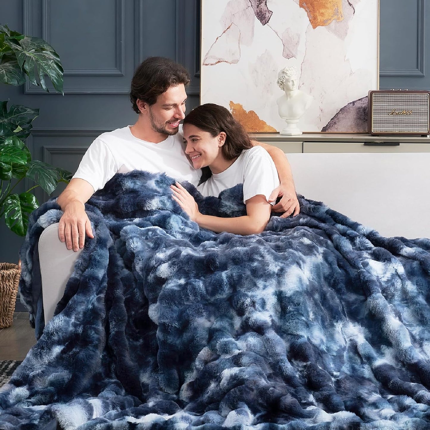 Cozy Bliss Faux Fur Throw Blanket for Couch, Fuzzy Soft Plush Thick Bubble Blanket for Sofa Bedroom Living Room, 108 * 90 Inches Tie Dye Blue
