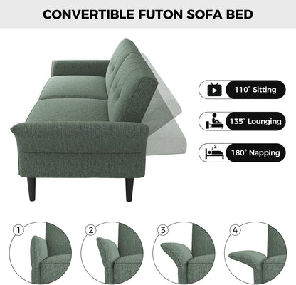 89” Futon Sofa Bed, Linen Comfy Futon Couch Bed with 2 Square Pillows, Convertible Sleeper Sofa with Adjustable Backrest& Armrests, Modern Loveseat Sleeper for Living Room, Bedroom, Green