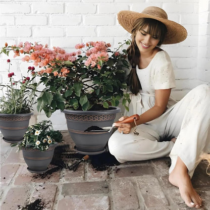 6 Pack 8 Inch Plant Pots, Plastic Flower Pot for Indoor & Outdoor with Drainage Holes & Saucer, Plaid Pattern Planters Garden Pots for Herbs