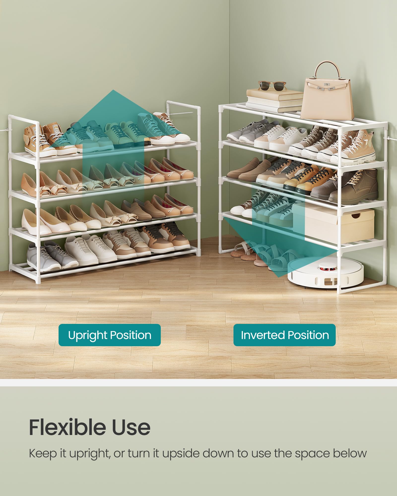 SONGMICS Shoe Rack, 4-Tier Shoe Organizer, Metal Storage Shelf, Upright or Upside Down, for 20-25