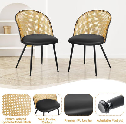 Dining Chairs Set of 2, Mid Century Modern Dining Room Chairs with Full Rattan Back, Faux Leather Kitchen Dining Chairs Farmhouse Armless Mesh Cane Back Side Chairs with Metal Legs, Black