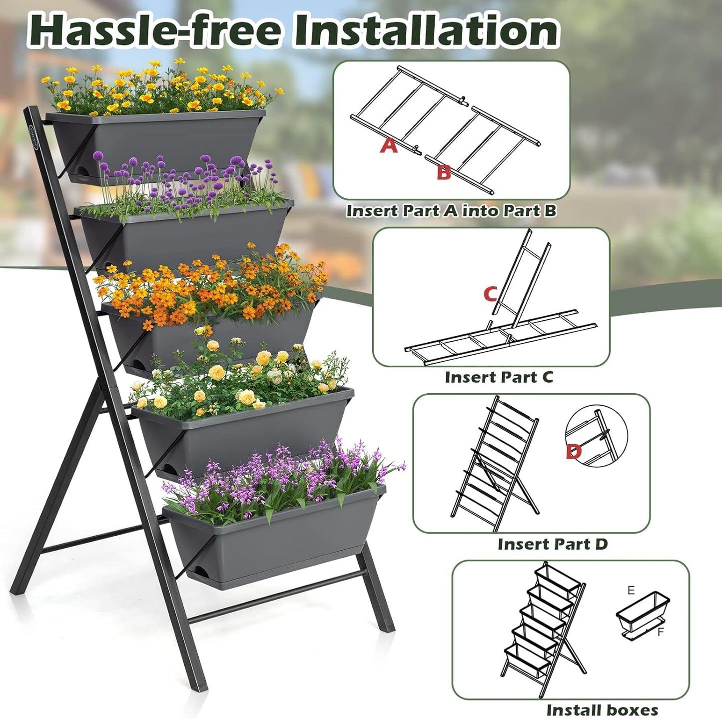 S AFSTAR 5-Tier Vertical Garden Planter, 5-Layer Raised Garden Bed with 5 Detachable Planter Boxes & Metal Frame, Indoor Outdoor Elevated Planting Containers for Flower Vegetables Fruit Herbs