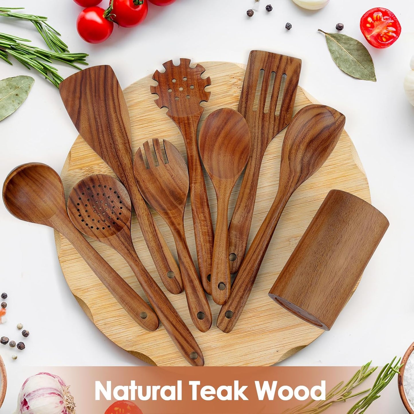 comfoyar Teak Wooden Spoons for Cooking, 9 Pieces Kitchen Cooking Utenails Set with Holder and Ladle, Heat Resistant Kitchen Cookware for Nonstick Pan