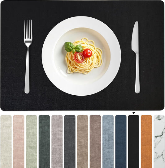 FROMHEART Faux Leather Placemats Set of 8–Waterproof,Heat/Oil Stain-Resistant PU Table Mat–Reversible,Non-Slip,Easy to Clean Place Mats for Kitchen,Dining,Indoor/Outdoor,(Black,11.8" x 17")