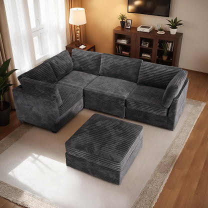 HOOOWOOO Modular Sectional Sofa,5 Pieces Sectional Couches for Living Room,98X66 L Shaped Cloud Couch with Ottoman Chaise Set(Grey Velvet Corduroy)