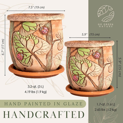 Ceramic Pot with Drainage Hole and Saucer, Plant Pots, Modern Decorative Planters for House Plants Indoor Flowers Plants, Cute Flower Pot - Gifts (Ladybugs (1.6 L))