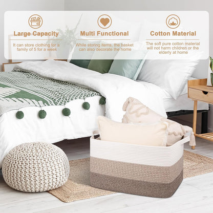 OIAHOMY Rectangle Woven Storage Basket - Nursery Cotton Rope Baskets for Storage, Toy Basket Organizing for Living Room, 17.7"x13.8"x11"- Pack of 3 - Gradient Yellow